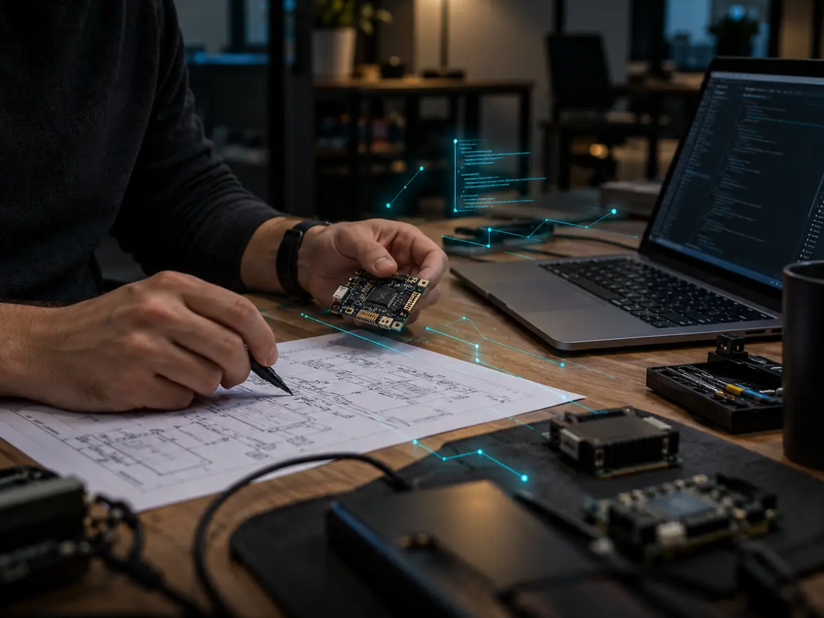 Ingeniero revisando una placa electrónica sobre un plano técnico, junto a una laptop con código