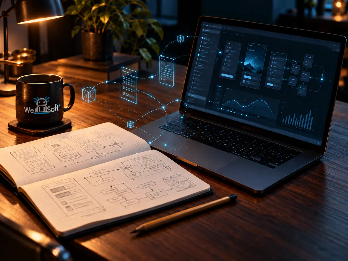 Laptop con pantallas de una app y gráficas, junto a una libreta con bocetos de interfaz y flujos que se conectan con la pantalla