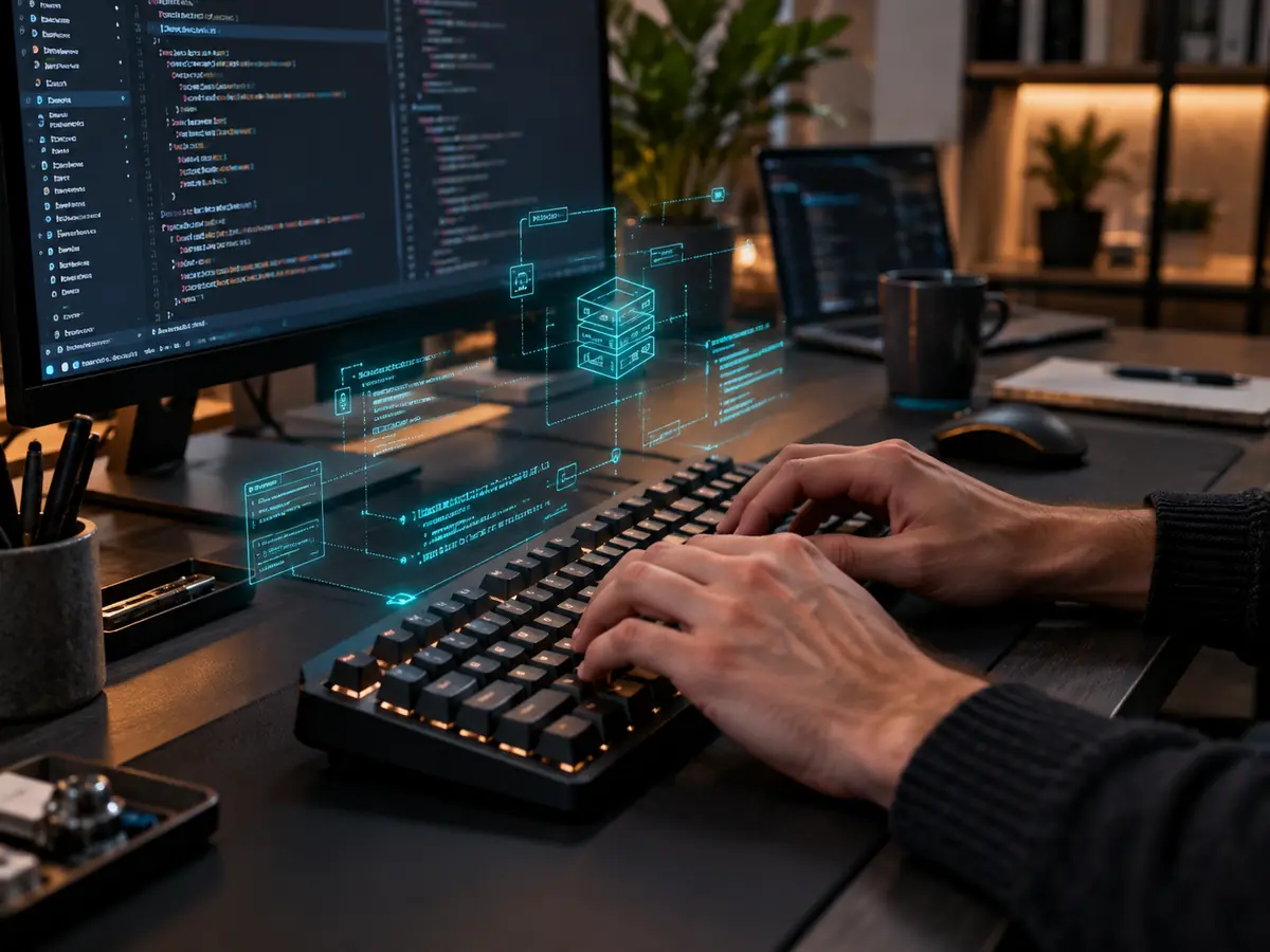 Desarrollador escribiendo código frente a un monitor, con un diagrama de arquitectura luminoso sobre el escritorio